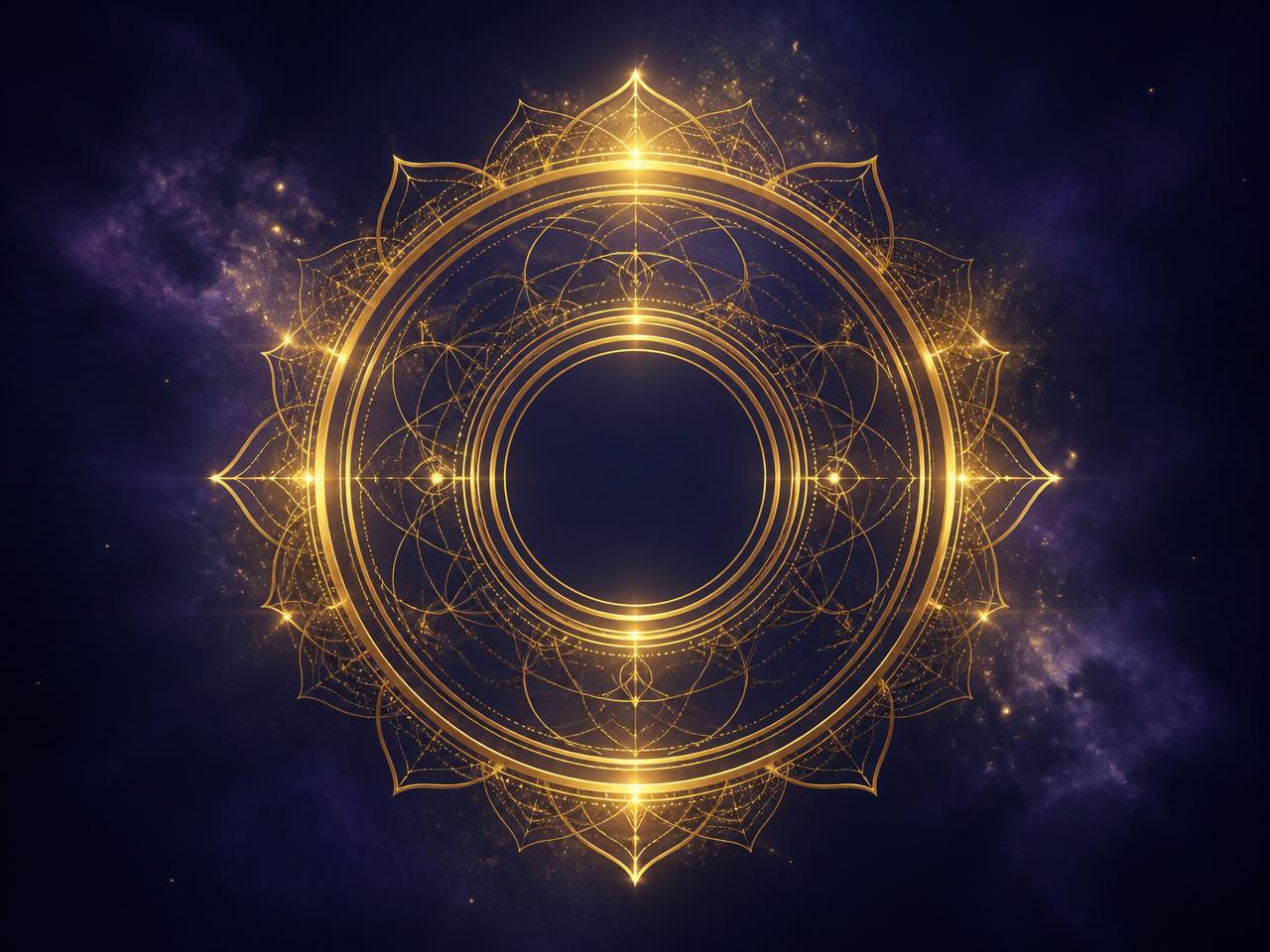 Abstract luminous gold concentric ring motif on deep cosmic navy, representing the CHQM Healer Certification component