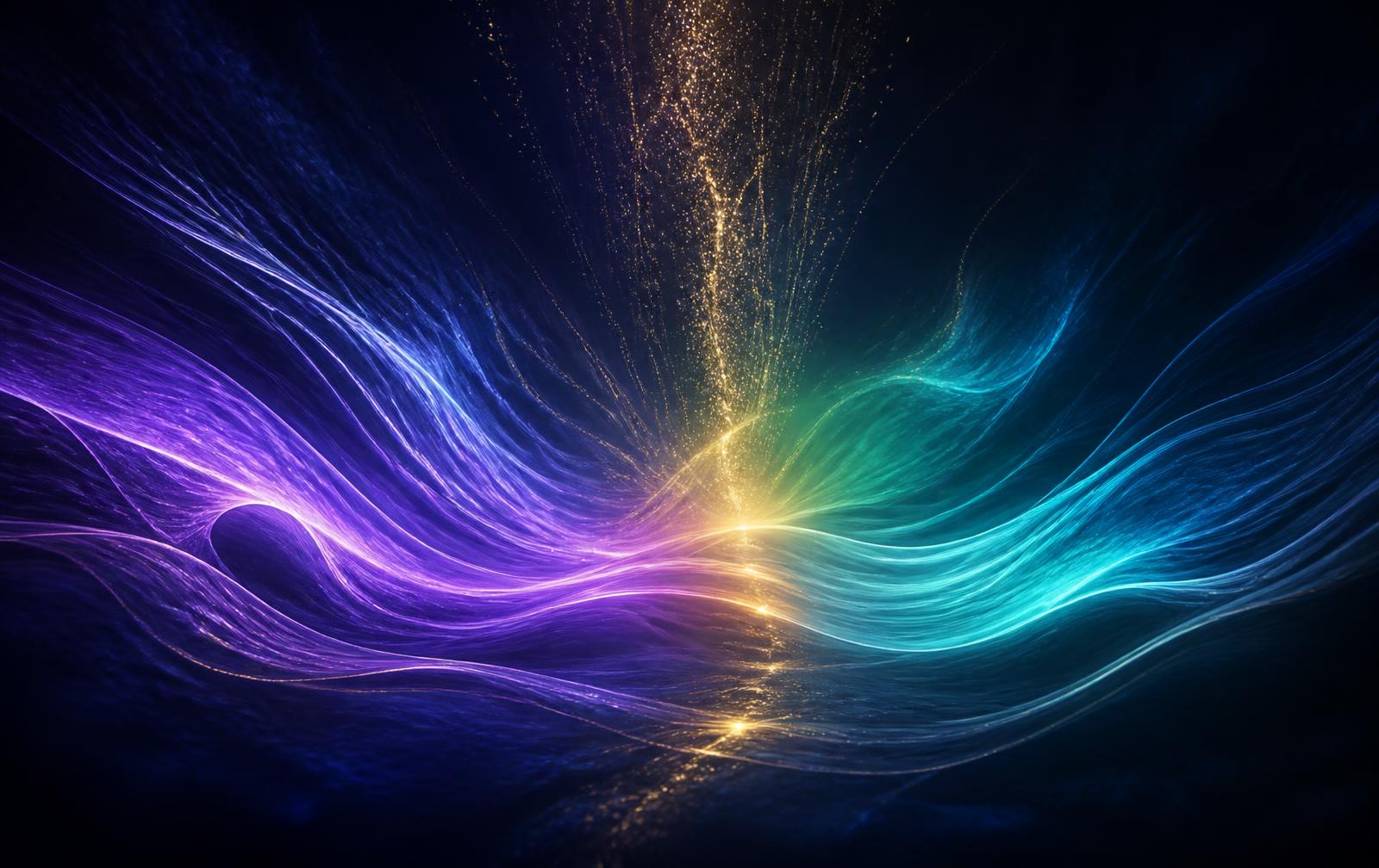 Abstract artwork of flowing violet, turquoise and gold light streams over deep navy, representing energy healing practice
